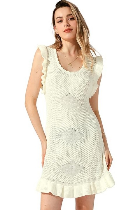 Női alkalmi midi ruha, kerek nyakkal és fodrokkal, kötött, krém, L méret, Allegra K