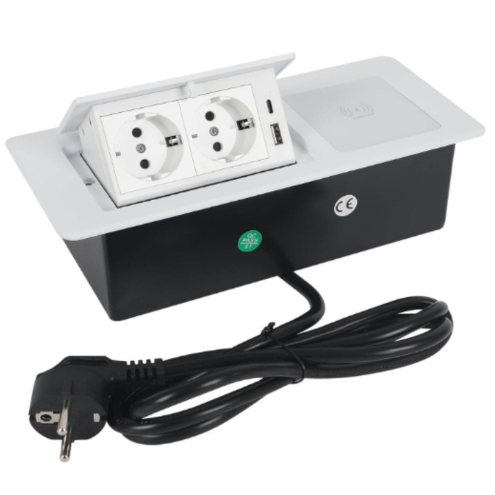 Priza Incorporabila in Blat, Retractabila, Adsinio, Incarcator Wireless de 15W, 2 Schuko, 1 USB-A, 1 USB-C, Curent Nominal 16A, Cablu de Alimentare 1.5m, Alb