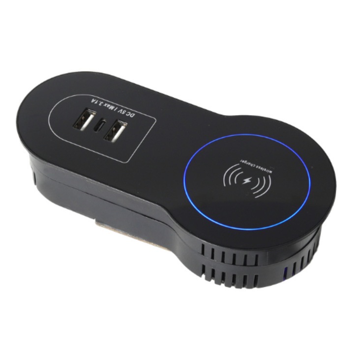 Priza Incorporabila in Blat, Adsinio, 1 Wireless, 2 USB-A, 1 USB-C, Cablu de Alimentare 1.2m, Standard de Incarcare 15W, Negru