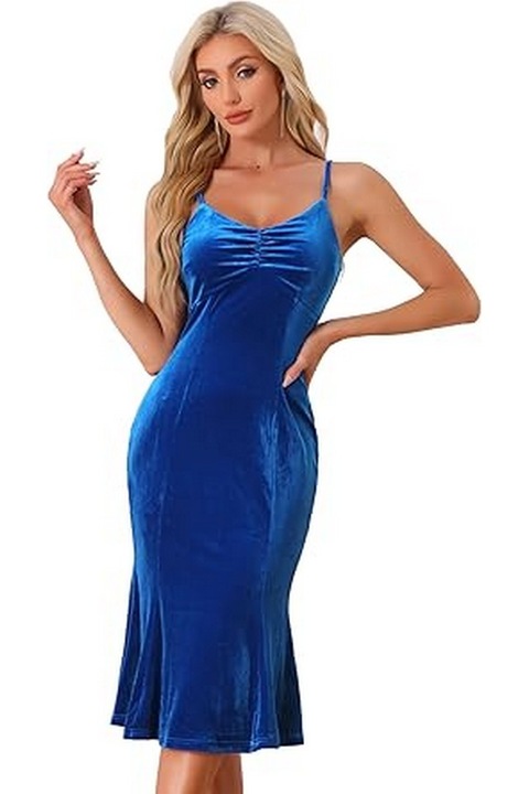 Női bársony estélyi ruha, spagettipántos és V-nyakú, sellő fazonú, királykék, M méret, Allegra K