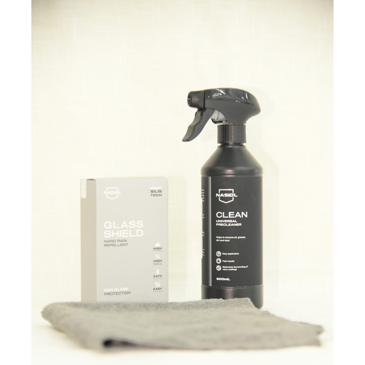 Set protecție sticlă auto Nasiol Glass Shield + laveta + Nasiol Clean, hidrofob, 80.000 stergeri