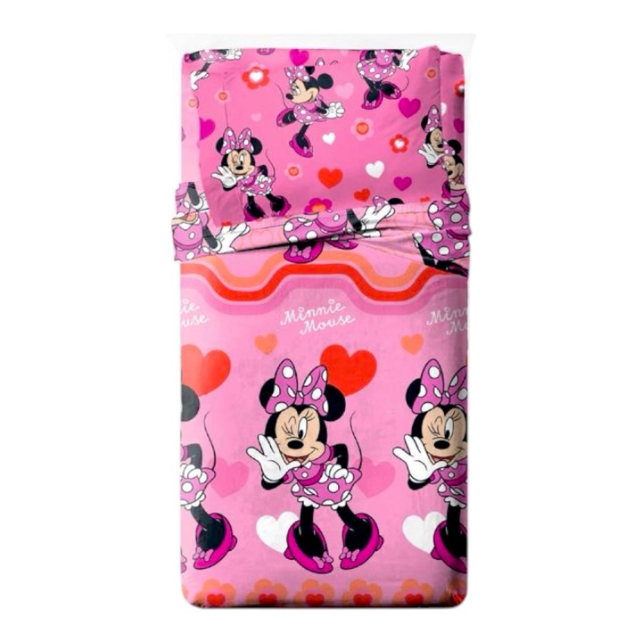 Set lenjerie pat, 3 piese, husa saltea 105x200 cm, cearceaf pat 180x280 cm, fata perna 50x70 cm, multicolor, Minnie Mouse