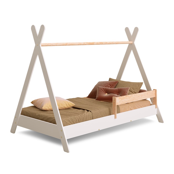 Pat copii casuta 180x80 alb, cu bariera de siguranta si cadru cu lamele, cu o capacitate de incarcare de pana la 230 kg – Pat Montessori TIPI pentru copii, baieti si fete – Smartwood