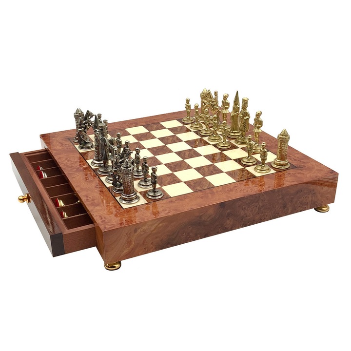Комплект за шах Italfama Camelot Medio, дървена дъска 42x42см, фигури от цинк, месинг и никел, 8.9см височина на царя