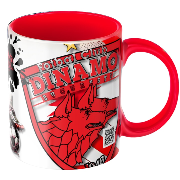 Cana personalizata - Dinamo Bucuresti, fotbal, suporter, cu cod QR pt imn, rosie, ceramica, 330 ml, v10