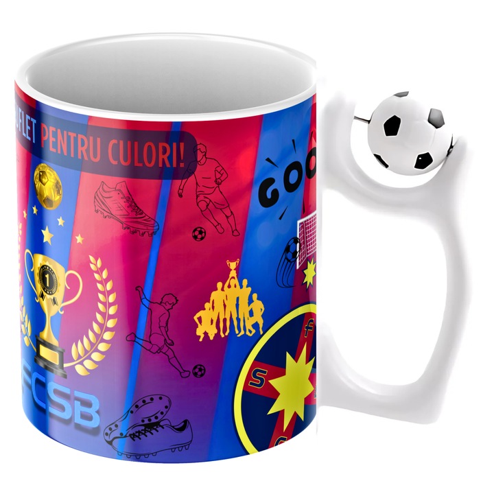 Cana personalizata - FCSB, fotbal, suporter, cu minge fotbal, alba, ceramica, 330 ml, v9
