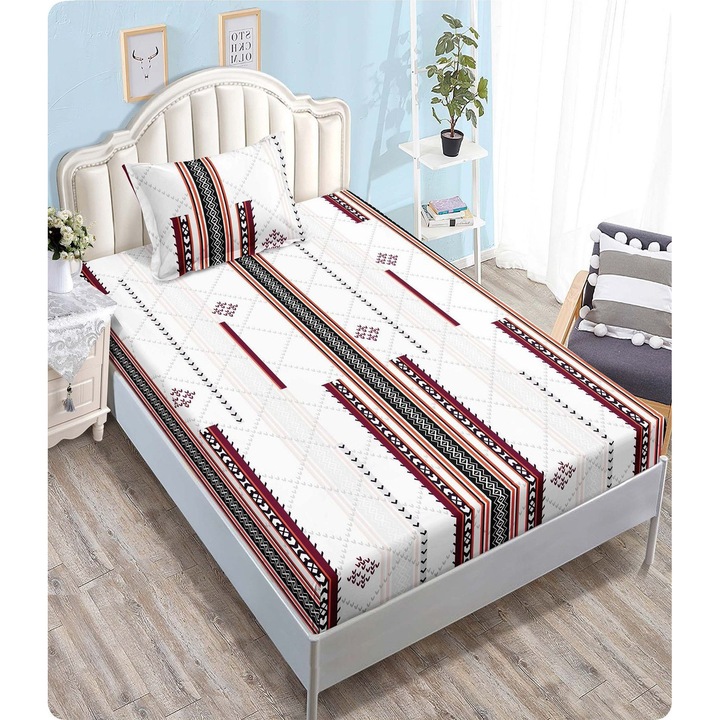 Set Husa de pat CHIRASO, cu Elastic, pentru 1 Persoana, 140 x 200 cm, include 1 Fata de Perna 50 x 70 cm, cu imprimeu, alb-rosu-negru