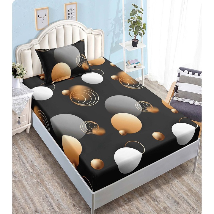 Set Husa de pat CHIRASO, cu Elastic, pentru 1 Persoana, 140 x 200 cm, include 1 Fata de Perna 50 x 70 cm, cu imprimeu, negru