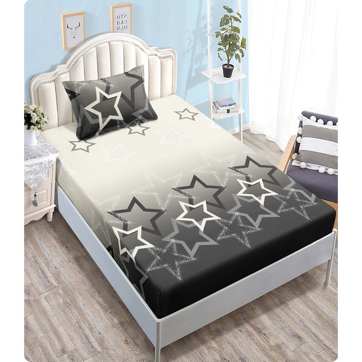 Set Husa de pat CHIRASO, cu Elastic, pentru 1 Persoana, 140 x 200 cm, include 1 Fata de Perna 50 x 70 cm, cu imprimeu, negru-bej