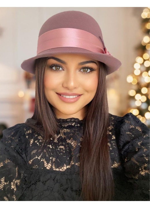 Palarie dama lux cu boruri retro Confortino Nobless – Fetru italian 100% lana, Palarie Roz (Roz pudra), Marime Unica, Reglabila – Fabricata in Romania