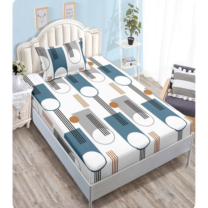 Set Husa de pat CHIRASO, cu Elastic, pentru 1 Persoana, 140 x 200 cm, include 1 Fata de Perna 50 x 70 cm, cu imprimeu, alb-albastru-gri