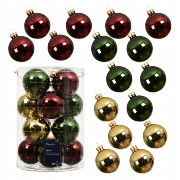 Set globuri de Craciun Kaemingk, 16 bucati, 8 cm, verde, auriu, rosu, finisaj mix mat/stralucitor