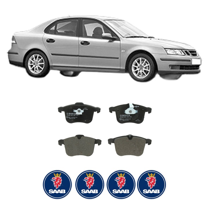 Set placute frana Fata SAAB 9-3 (YS3F, E79, D79, D75) 1.9 TiD din 2004-2015, KW 88 CP 120 CMC 1910, Auto, Bosch, 4 Stickere auto cu SAAB