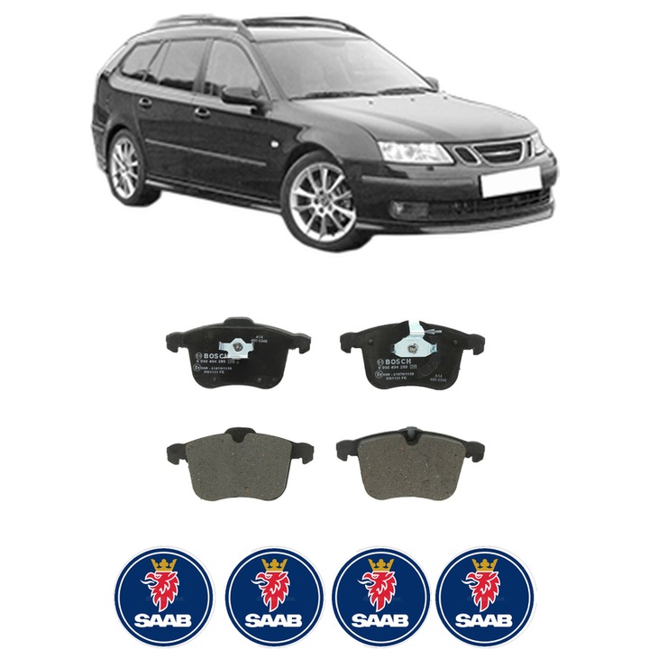 Set placute frana Fata SAAB 9-3 Estate (E50) 1.9 TiD din 2005-2015, KW 88 CP 120 CMC 1910, Auto, Bosch, 4 Stickere auto cu SAAB