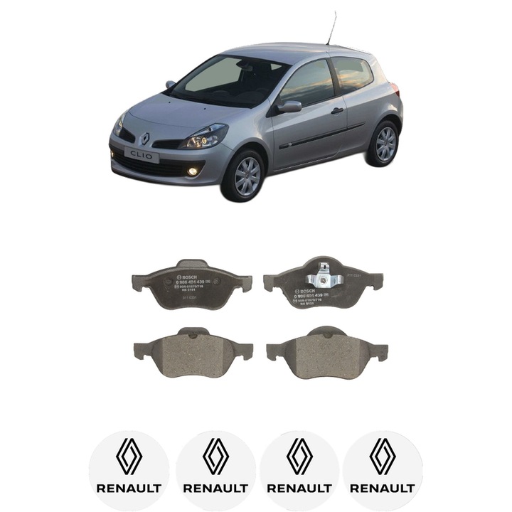 Set placute frana Fata RENAULT CLIO III (BR0/1, CR0/1) 1.2 16V (BR0R, BR1D, BR1L, CR0R) din 2005-2014, KW 48 CP 65 CMC 1149, Auto, Bosch, 4 Stickere auto cu RENAULT