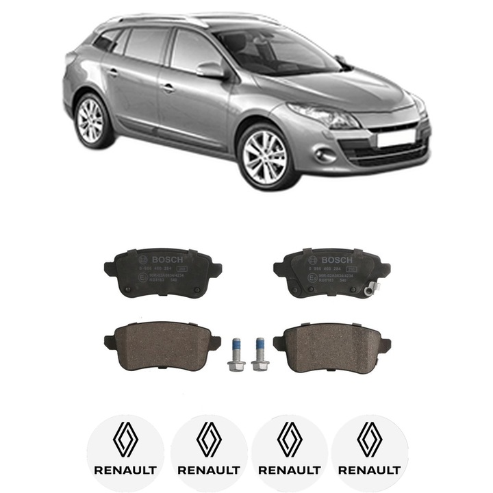 Set placute frana Spate RENAULT MEGANE III Grandtour (KZ0/1) 1.5 dCi (KZ1G, KZ1W, KZ0R) din 2013-2015, KW 70 CP 95 CMC 1461, Auto, Bosch, 4 Stickere auto cu RENAULT