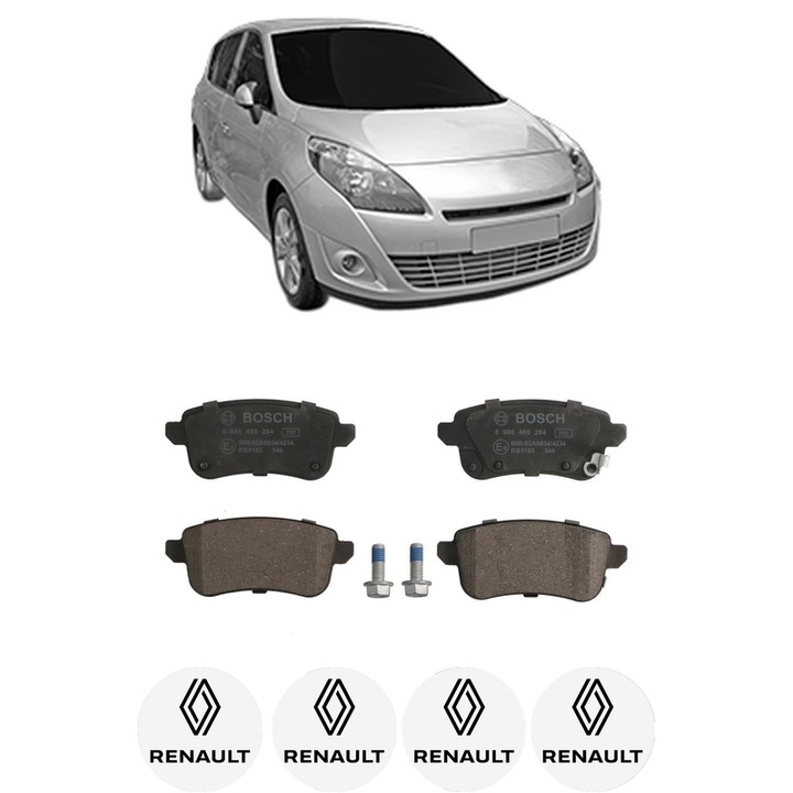 Set placute frana Spate RENAULT SCENIC III VAN (JZ0/1_) 1.6 VVT (JZ0U, JZ1B, JZ1H, JZ1U, JZ24) din 2013-2016, KW 81 CP 110 CMC 1598, Auto, Bosch, 4 Stickere auto cu RENAULT