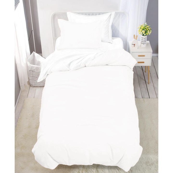 Set Lenjerie CHIRASO, BICOLOR, cu 2 Fete, Finet, 1 Persoana, 4 Piese, Cearceaf cu Elastic 140x200 cm, Husa Pilota 160x200 cm, 2 Fete Perna 50x70 cm, alb