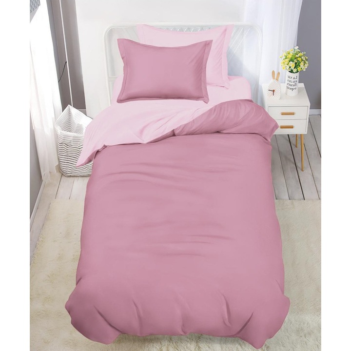 Set Lenjerie CHIRASO BICOLOR, Finet, 1 Persoană, 4 Piese, Roz Prafuit-Roz Pal, Cearceaf cu Elastic 140x200cm, Husa Pilota 160x200cm, 2 Fete Perna 50x70cm