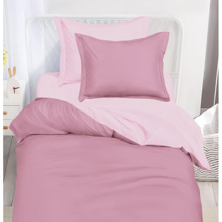 Set Lenjerie CHIRASO BICOLOR, Finet, 1 Persoană, 4 Piese, Roz Prafuit-Roz Pal, Cearceaf cu Elastic 140x200cm, Husa Pilota 160x200cm, 2 Fete Perna 50x70cm