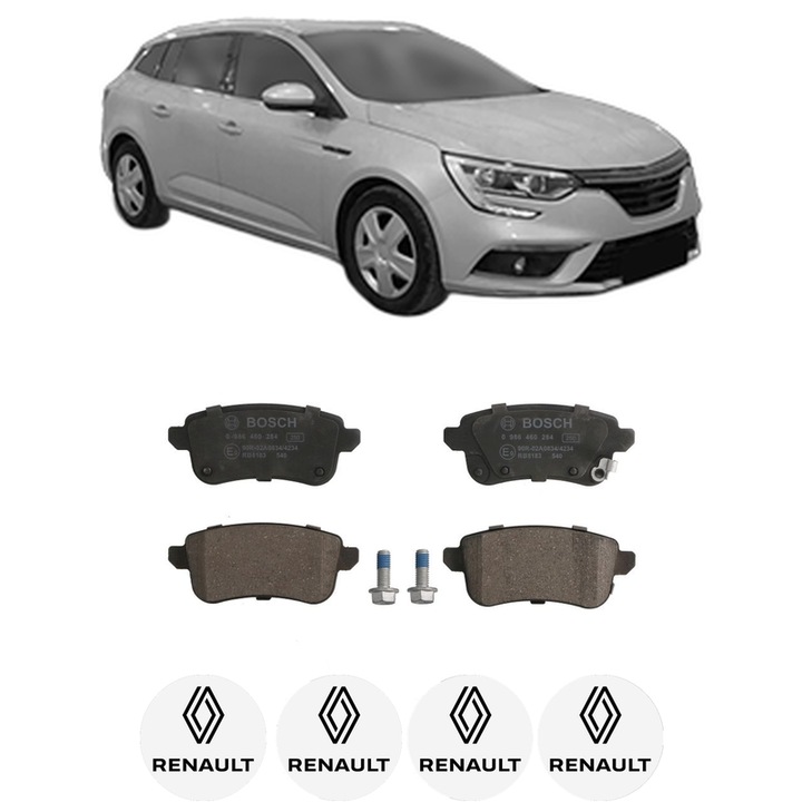 Set placute frana Spate RENAULT MEGANE IV Grandtour (K9A/M/N_) 1.6 16V din 2016, KW 84 CP 115 CMC 1598, Auto, Bosch, 4 Stickere auto cu RENAULT