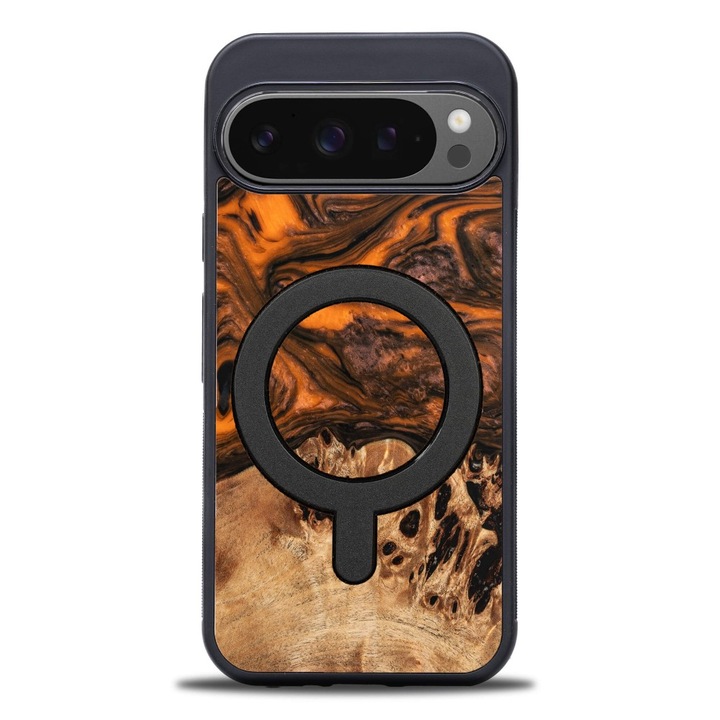 Husa Bewood Unique pentru Google Pixel 9 Pro XL, lemn si rasina, 100% protectie, portocalie, set unic