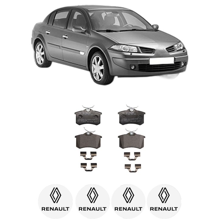 Set placute frana Spate RENAULT MEGANE II Saloon (LM0/1_) 1.6 16V (LM1R, LM0C) din 2006, KW 82 CP 112 CMC 1598, Auto, Bosch, 4 Stickere auto cu RENAULT