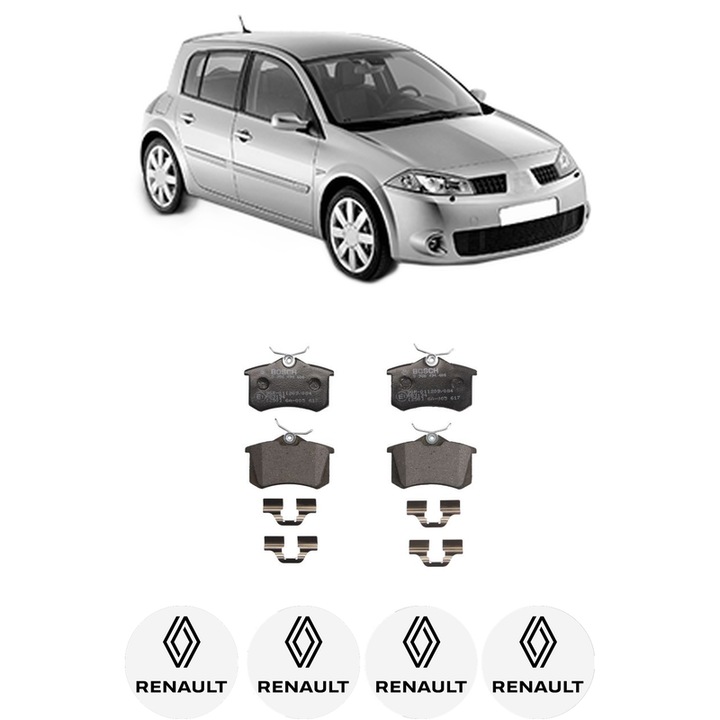 Fékbetét készlet, hátsó RENAULT MEGANE II (BM0/1_, CM0/1_) 1.4 16V (BM0B, CM0B) 2002-2008-ig, KW 72 LE 98 CMC 1390, Autó, Bosch, 4 db RENAULT autós matrica