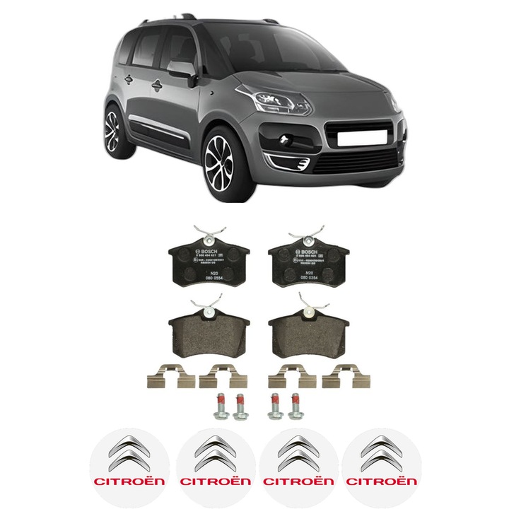 Set placute frana Spate CITROEN C3 PICASSO (SH_) 1.6 VTi 115 (SH5FP0, SH5FP8) din 2009-2015, KW 84 CP 114 CMC 1598, Auto, Bosch, 4 Stickere auto cu CITROEN