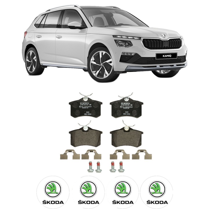 Set placute frana Spate SKODA KAMIQ (NW4) 1.0 TSI din 2019, KW 85 CP 116 CMC 999, Auto, Bosch, 4 Stickere auto cu SKODA