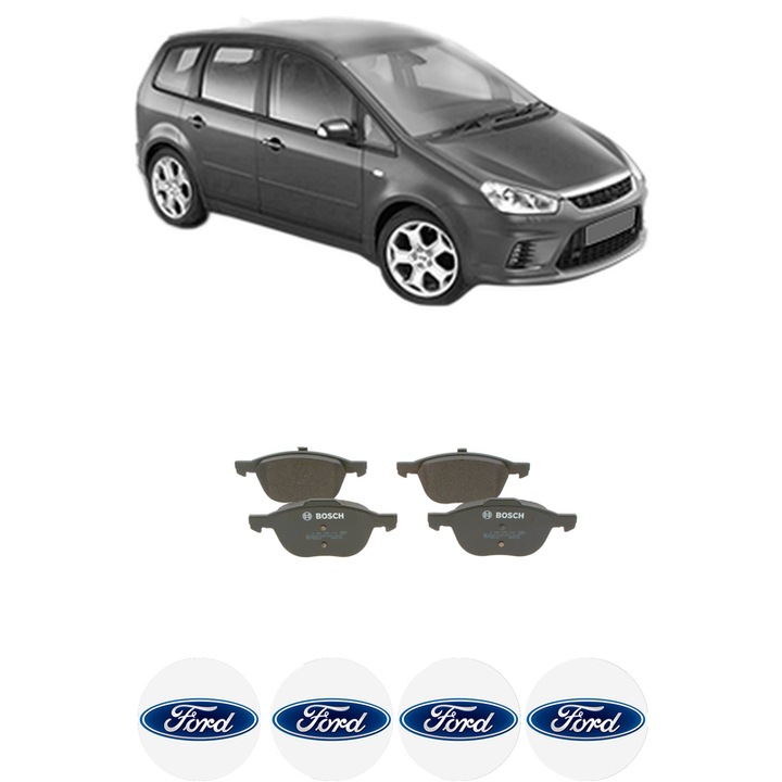 Set placute frana Fata FORD C-MAX (DM2) 2.0 din 2007-2010, KW 107 CP 145 CMC 1999, Auto, Bosch, 4 Stickere auto cu FORD