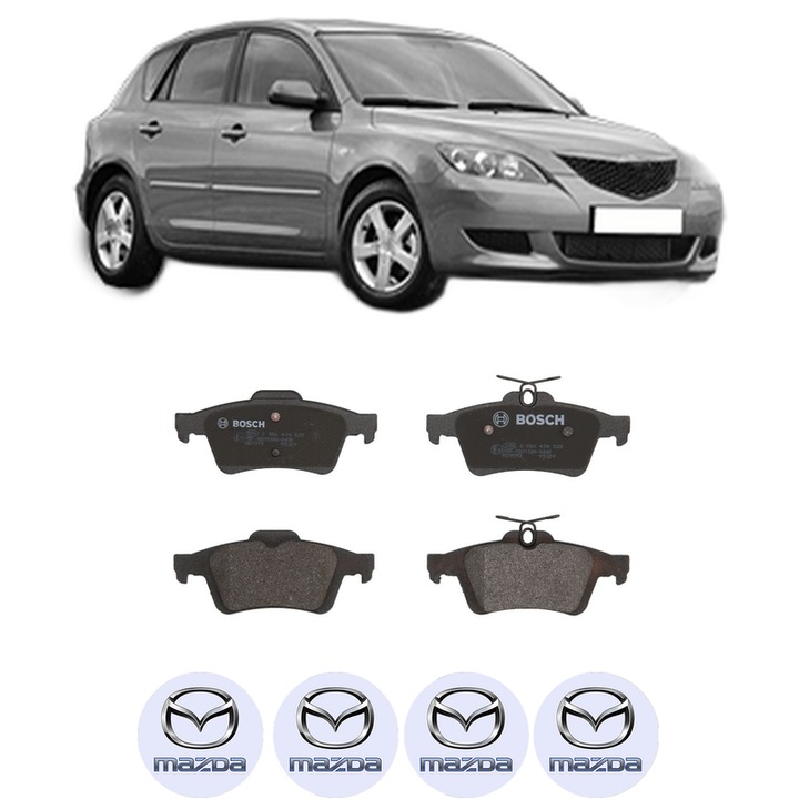 Set placute frana Spate MAZDA 3 (BK) 2.0 MZR-CD (BK14) din 2006-2009, KW 105 CP 143 CMC 1998, Auto, Bosch, 4 Stickere auto cu MAZDA