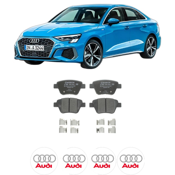 Set placute frana Spate AUDI A3 Limousine (8YS, 8YM) 40 TFSI quattro din 2021, KW 140 CP 190 CMC 1984, Auto, Bosch, 4 Stickere auto cu AUDI