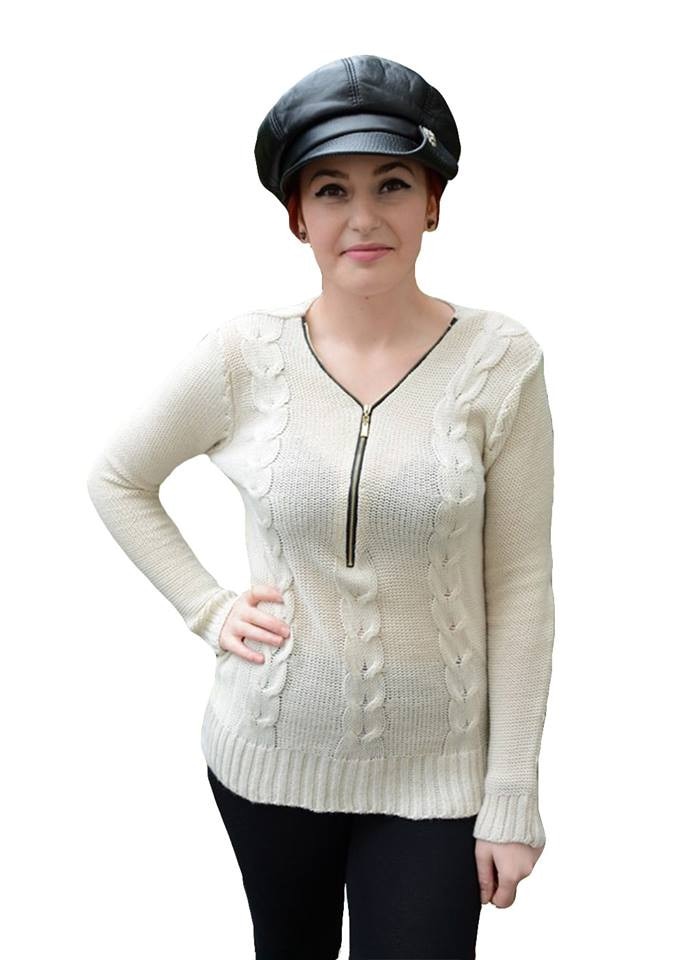 Bluza de toamna-iarna, cu decolteu in V cu fermoar,D&J Exclusive, Negru/Alb