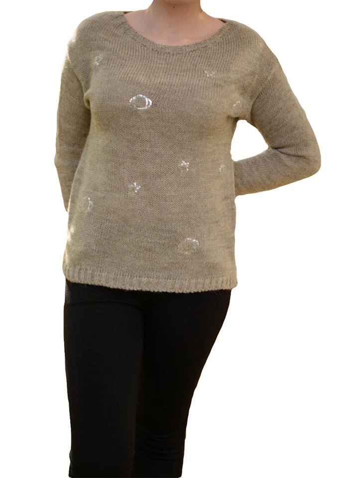 Bluza clasica cu maneca lunga, cu paiete,D&J Exclusive, Crem