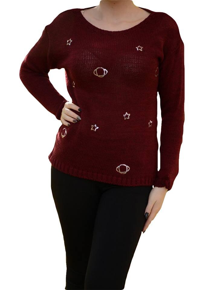 Bluza clasica cu maneca lunga, cu paiete,D&J Exclusive, Rosu marsala