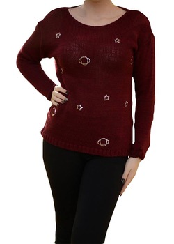 Bluza clasica cu maneca lunga, cu paiete,D&J Exclusive, Rosu marsala Bluza clasica cu maneca lunga, cu paiete,D&J Exclusive, Rosu marsala