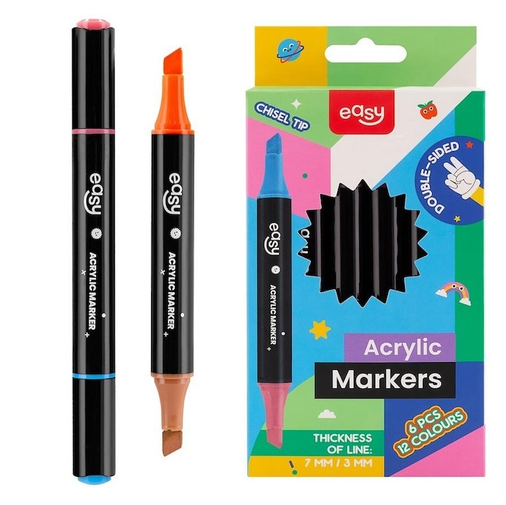 Akril marker készlet, Easy Stationery, 12 szín, 3-7 mm, vízálló