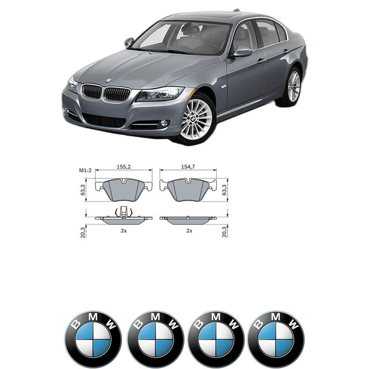 Set placute frana Fata BMW Seria 3 (E90) 320 i din 2007-2011, KW 120 CP 163 CMC 1995, Auto, Bosch, 4 Stickere auto cu BMW
