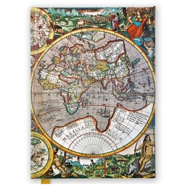 Caiet A5 Flame Tree, Antica harta a lumii, 176 pagini, 210x148x17mm, cu coperta aurita si buzunar pentru note