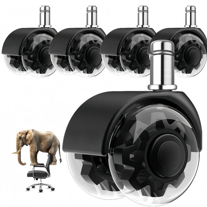 Комплект от 5 колелца за столове, Aottom, 400 кг, безшумни колелца, 11 мм прът, универсални 50 мм, за килими и дървени подове, черен полиуретан