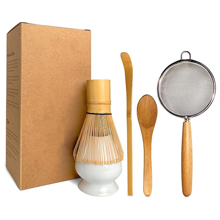 Set de ceai matcha 5 piese, Rqiurpn, Tel matcha din bambus, Suport tel ceramic, Sita matcha, Lingura bambus, Alb