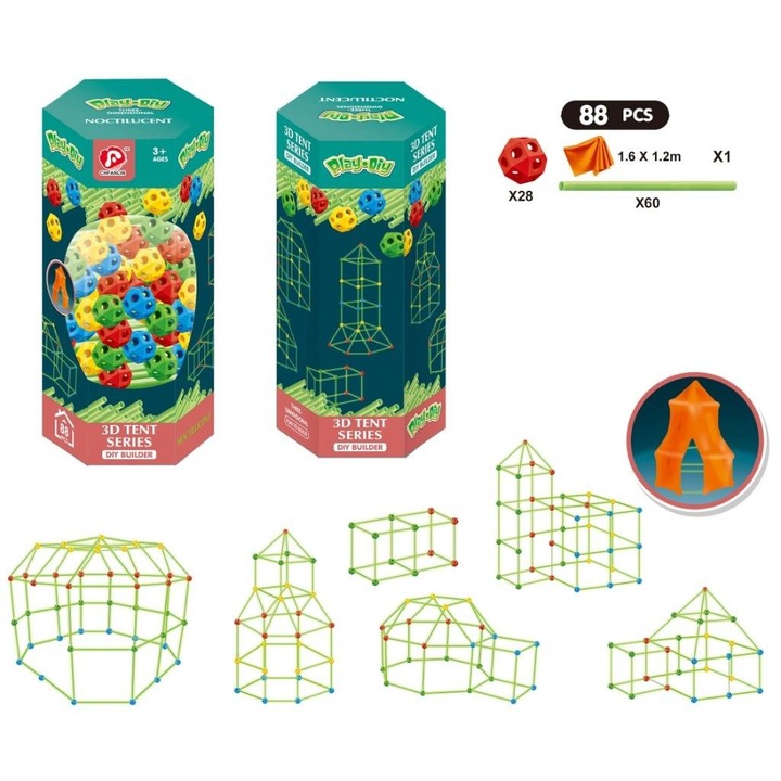 Play-Diy 3D Sátor építőkészlet, 88 elemmel, sötétben világító, 1.6m x 1.2m
