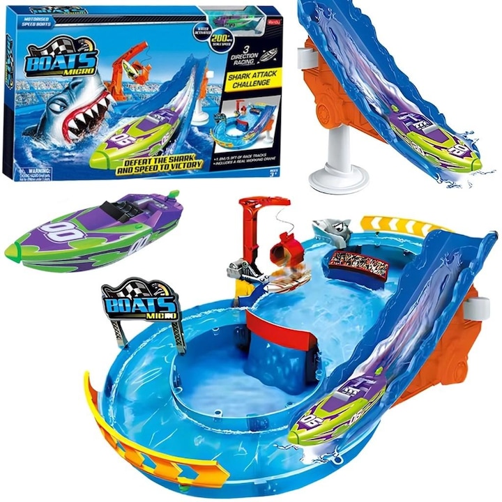 Комплект ZURU Micro Boats - Водна писта "Атаката на акулата", моторна лодка, акула, 48x32x8см
