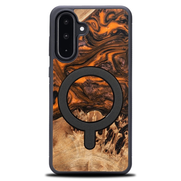 Husa Bewood Unique pentru Samsung Galaxy A26 5G, portocalie, din lemn si rasina, 100% protectie, compatibila cu MagSafe