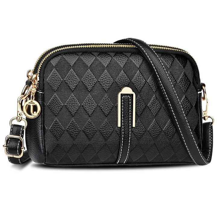 Дамска чанта за рамо, BOMSTOM, естествена кожа, 2 отделения с цип, черна, 21x15x7.9см