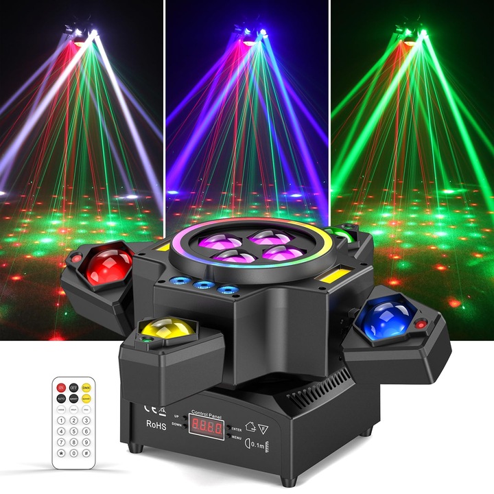 U`King 120 W mozgófejes színpadi lámpa, 6 karos, RGBW sugár, wash, piros-zöld csillagos ég, arany stroboszkóp fény RGB halo effekttel, hangvezérlés, DMX, távirányító, vezérlés klubokhoz és színpadi előadásokhoz