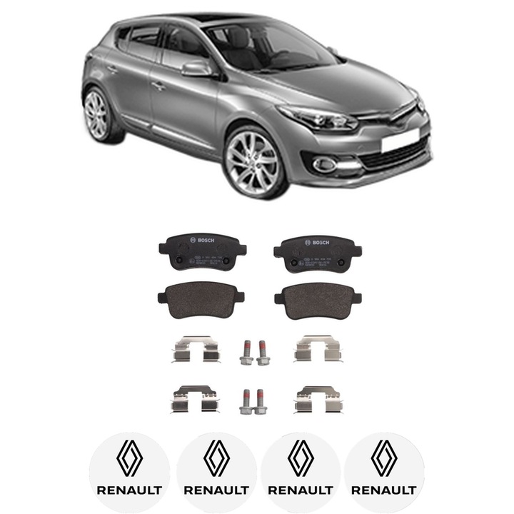 Set placute frana Spate RENAULT MEGANE III Hatchback (BZ0/1_, B3_) 1.2 TCe (BZ2B, BZ11) din 2012-2015, KW 85 CP 116 CMC 1198, Auto, Bosch, 4 Stickere auto cu RENAULT