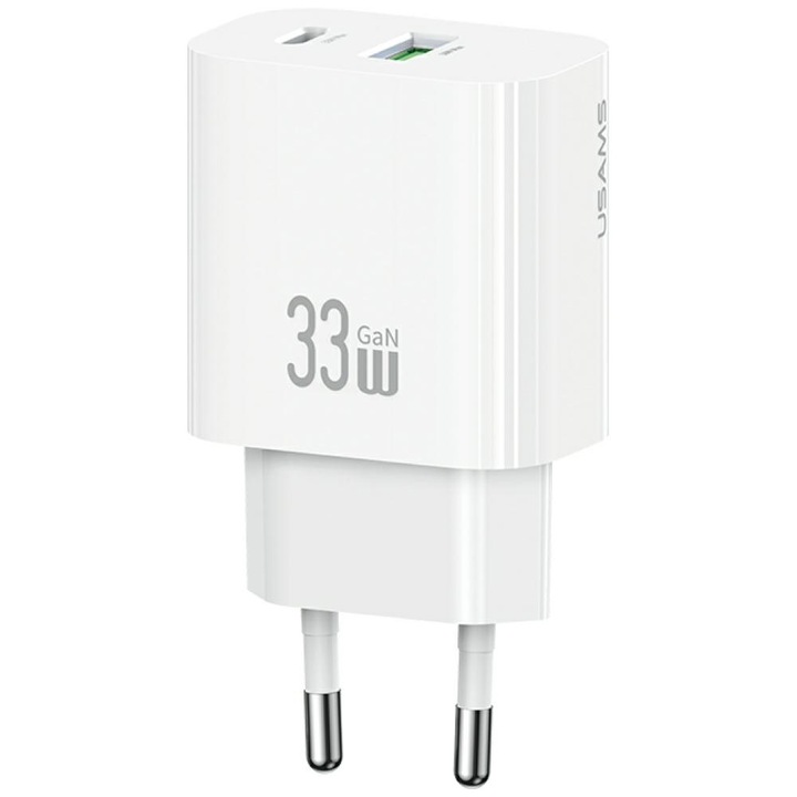 Бързо зарядно устройство USAMS CC317 T65, 33W, 3A, 1xUSB-C, 1xUSB-A, Бяло