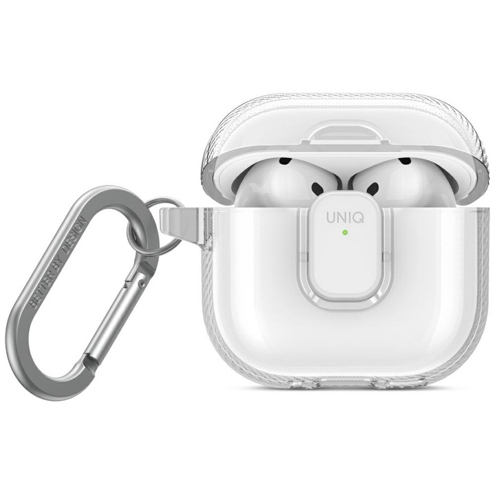 Uniq fülhallgató tok, AirPods 4-hez, átlátszó, TPU anyagból, karabinerrel